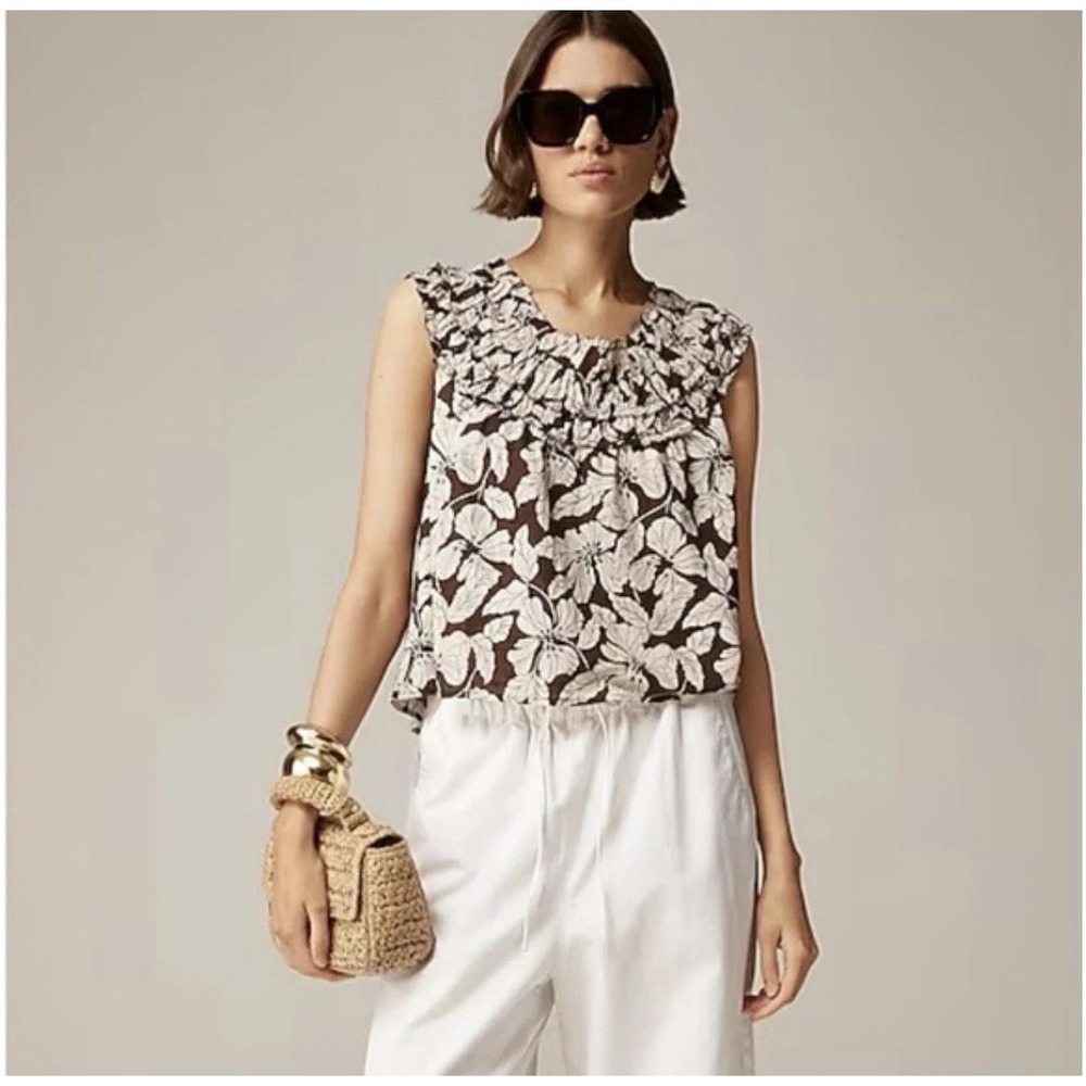 J.Crew Women's Rosalie Floral Top Cotton Voile Blouse Brown Size L Light Cropped